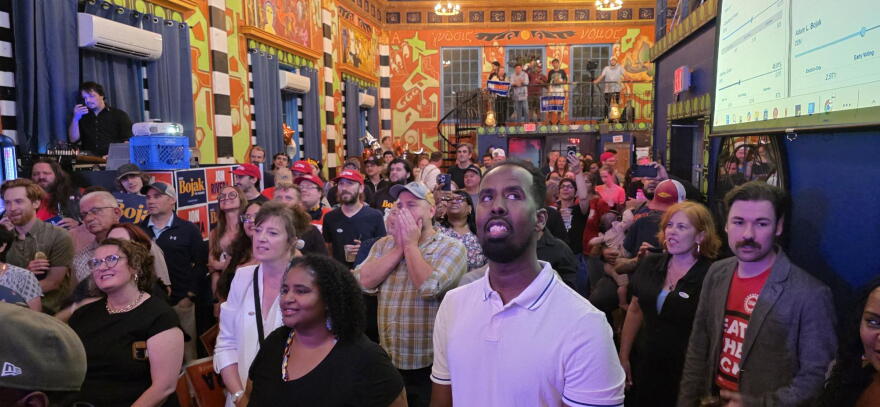 Supporters of Assemblymember Jon Rivera wait with excitement to hear from the victor in the 61st State Senate District primary at Indigo Chapel in Buffalo on primary night.