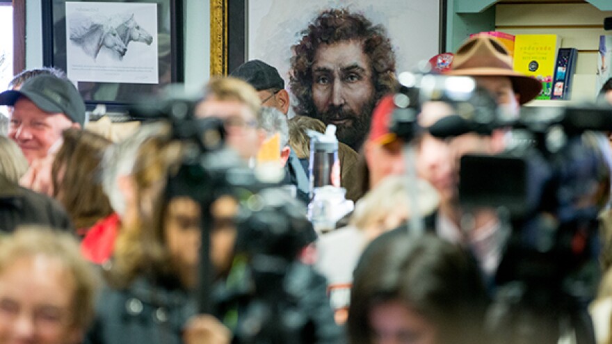 A large painting of Jesus is displayed in the back of the room at King's, where Cruz spoke.