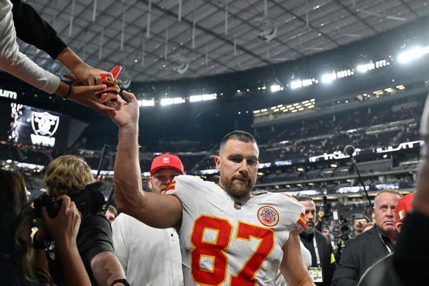 Kansas City Chiefs tight end Travis Kelce heads off the field following an NFL football game against the Las Vegas Raiders Sunday, Jan. 4, 2026, in Las Vegas.