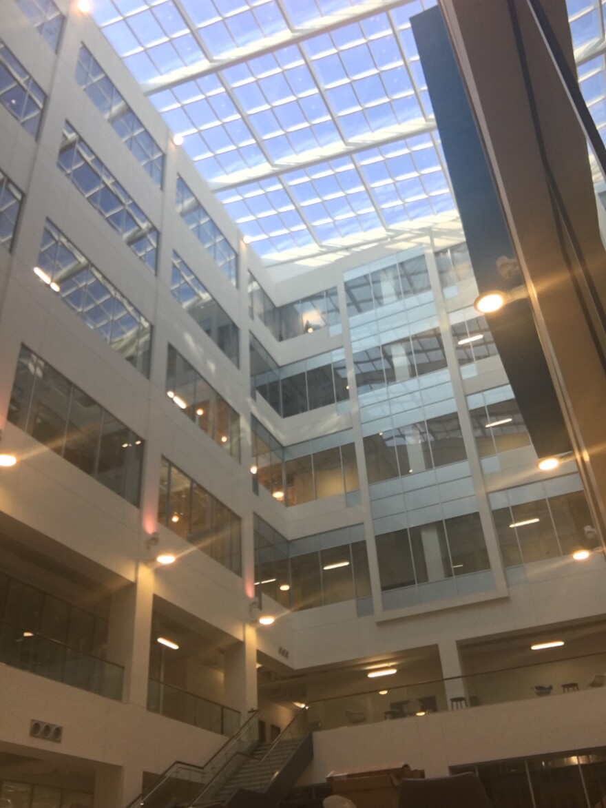 Inside the atrium of the renovated Chesterfield building in downtown Durham's Brightleaf District.