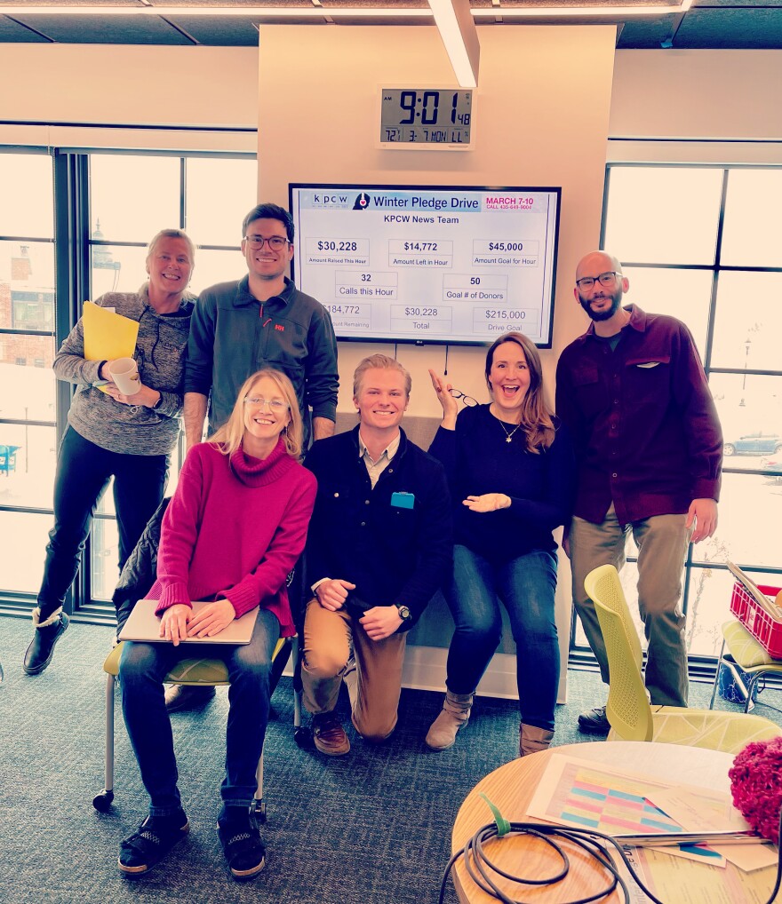 The KPCW news team during the March 2022 Winter Pledge Drive. Leslie Thatcher, Sean Higgins, Michelle Deininger, Ben Lasseter, Renai Bodley Miller and Alexander Cramer.