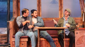 Shaw (Alex Dagg, right)  bullied and intimidated Dreyfuss (Cody Farkas, center), with Scheider (Sean Fleming, left) playing peacekeeper.
