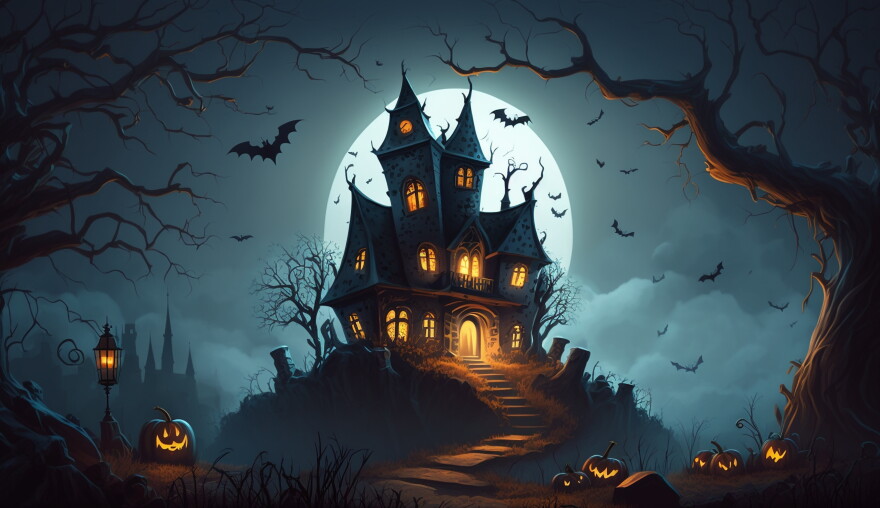 A big house with light shinning out. Outside of the house are Lack-o-lantern's, bats, and big trees.  
