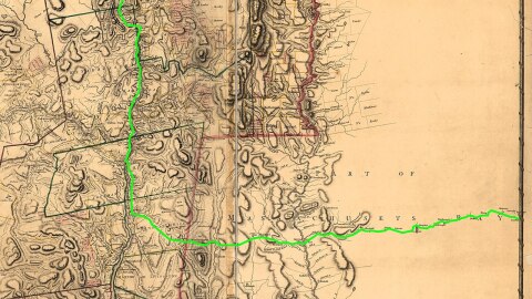An excerpt of a 1779 map by Claude Sauthier of New York that has been modified to show the Henry Knox Trail, with an inset showing the map's location relative to the modern United States. (Created in 2010 using 1779 and 2009 sources)