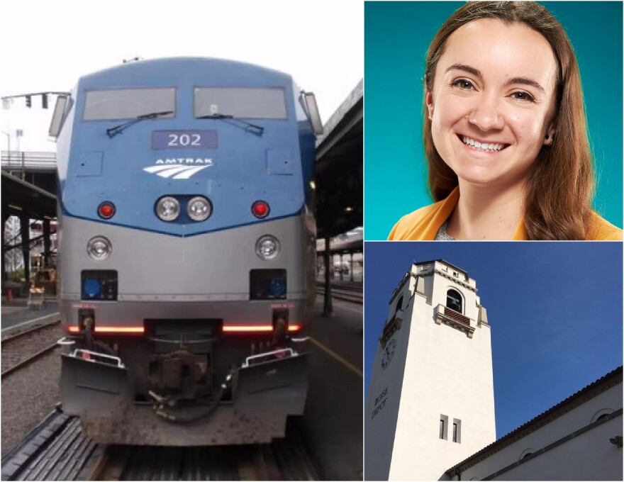 A collage featuring the front face of a train, a head shot of Bre Brush and the Boise Depot tower.