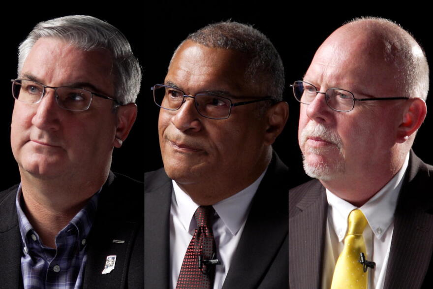 From left to right, Gov. Eric Holcomb, a Republican, is up for re-election against Democrat Dr. Woody Myers and Libertarian Donald Rainwater.