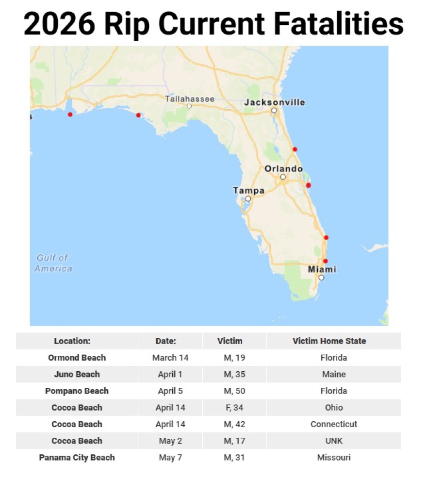 Map showing rip current fatalities in 2026. 