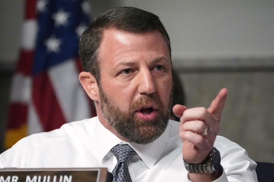 FILE - Sen. Markwayne Mullin, R-Okla. speaks during a Senate Armed Services Committee hearing, Jan. 14, 2025, on Capitol Hill in Washington.