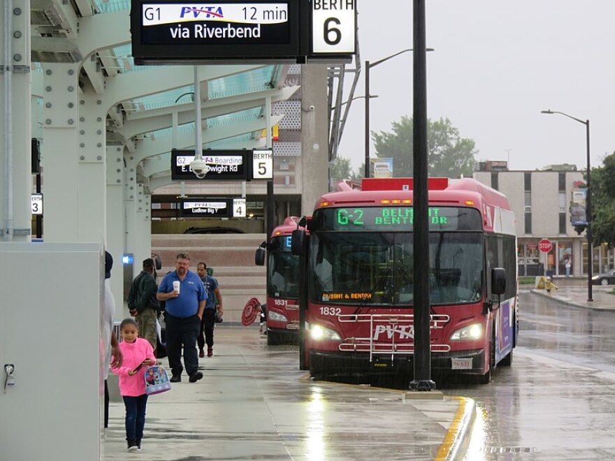 Buses line up at Union Station in Springfield, Massachusetts.