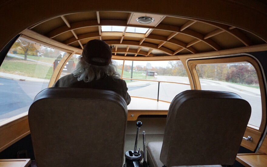 Jeff Lane, founder of the Lane Motor Museum in Nashville, takes the Dymaxion Car for a spin around campus.