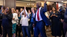 House Minority Leader Don Scott (D-Portsmouth) cheers as election results are announced during the Democratic Election Night Party in Richmond City, Va., November 7, 2023. (Parker Michels-Boyce for the Virginia Mercury)