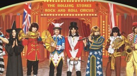 Members of the Rolling Stones and their guests are illustrated in circus costumes.