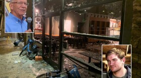 Rep. Peter DeFazio (inset, top left) and Alek Skarlatos (inset, bottom right); photo of trashed business in Eugene after May 29-30 riot.