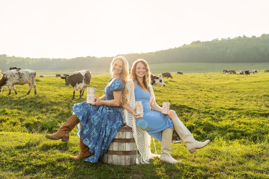 Hayley Painter (left), and Stephanie Painter hold cups of Painterland Sisters yogurt on their farm in Westfield Township, Tioga County.