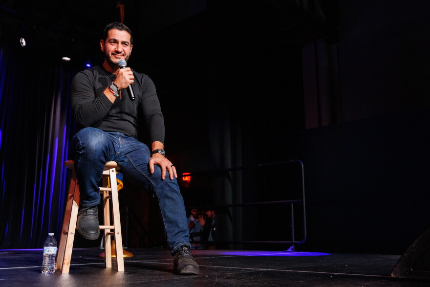 Democratic nominee for U.S. Senate Abdul El-Sayed speaks at a town hall in Lansing, Mich., hosted by the group End Citizens United on Oct. 9, 2026.