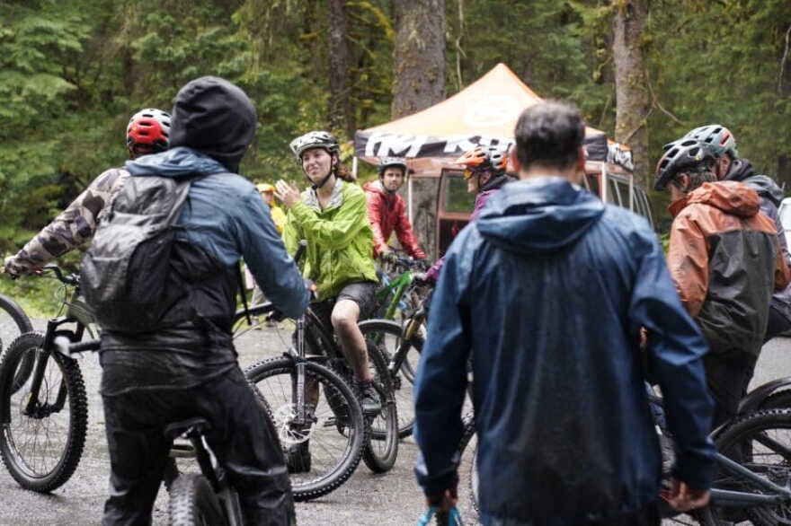 Muddy mountain bikers gather at the grand opening of the Thunder Mountain Bike Park on Aug. 30, 2026.