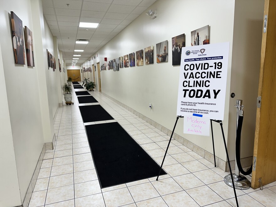 A sign outside Erie County's COVID vaccine clinic on October 13, 2025.
