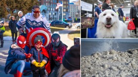 The weekend events include (clockwise from left) superhero skating at Red Arrow Park, the Pet Expo and frozen shoreline fun at Schlitz Audubon Nature Center.