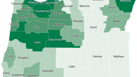 This map shows flu vaccination rates for the 2025-2026 flu season in Oregon.