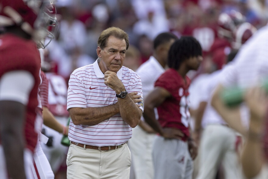Alabama head coach Nick Saban watches warmups at an NCAA college football game against Utah State, Saturday, Sept. 3, 2022, in Tuscaloosa, Ala. (AP Photo/Vasha Hunt)