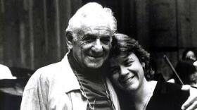 Leonard Bernstein (left) took Marin Alsop (right) under his wing for several years, even traveling together to Japan to establish the Pacific Music Festival. CREDIT: Walter Scott