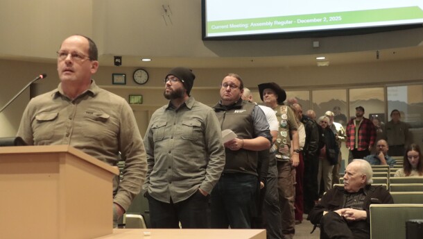 Several dozen people lined up to testify on a sales tax proposal in the Anchorage Assembly chambers on Dec. 2, 2025.