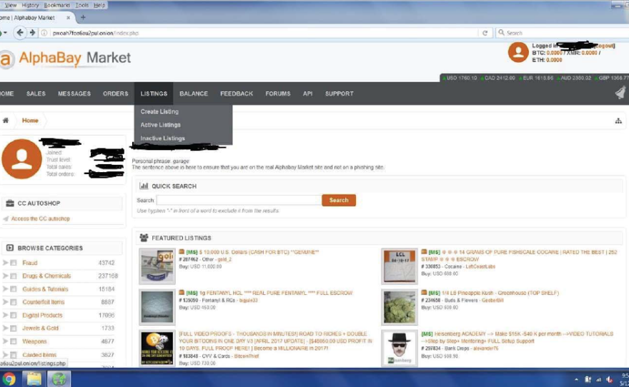 A screenshot of AlphaBay before it was taken down, included in the federal government's civil forfeiture complaint.