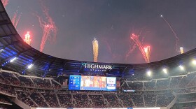 Fireworks were set off at Highmark Stadium near the conclusion of the 'Return of the Blue and Red' practice Saturday, August 8, 2026 at Highmark Stadium. A larger display followed outside the stadium, marking the first public event in the new Buffalo Bills home.