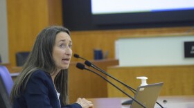 A woman with brunette hair sits at a desk with microphones around her. She is wearing a blue blazer and white shirt.
