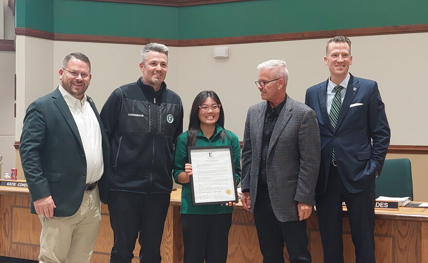 EMU Women's Golfer Janae Leovao (center) gets recognized for her team reaching the Final Four of the NCAA Women's Golf Championship and her national ranking at the EMU Board of Regents October 15, 2026 meeting.
