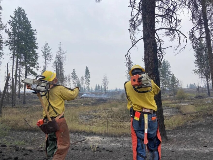 Workers remove trees impacted by the Gray Fire near Interstate 90. The agency must remove than 30 trees before I-90 can be safely reopened.