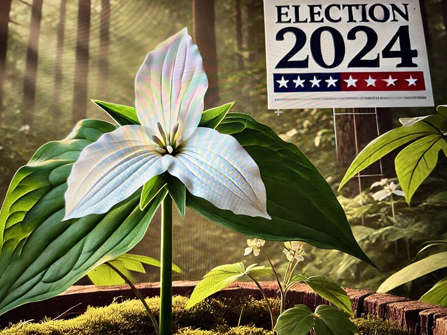 Picture of the trillium flower and the Election 2024 sign
