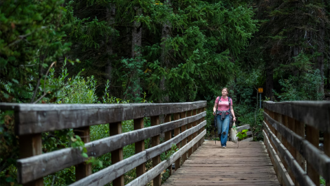 A woman walks down a wooden bridge in a forest.