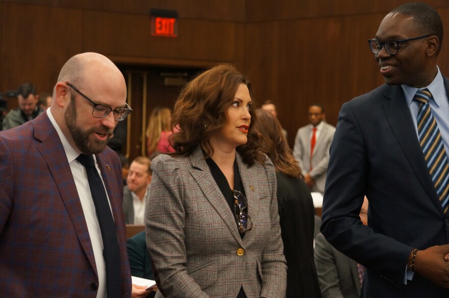 Michigan Budget Director Chris Harkins, Governor Gretchen Whitmer and Lieutenant Governor Garlin Gilchrist prepare to present the administration’s new budget proposal to House and Senate appropriations committees.