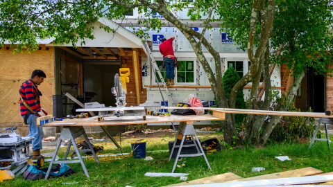 FILE: Construction at the Colonial Village public housing complex in Norwalk June 1, 2022. Afford CT, a partnership between NYU's Housing Solutions Lab and the CT-based housing nonprofit The Housing Collective, will help local leaders determine the best ways to increase housing in their communities, whether through construction, zoning change or restoration.