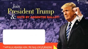 A flyer from the Ohio Republican Party urges voters to consider early mail-in voting and request their absentee ballots, though President Trump has denounced voting by mail as "terrible" and "corrupt". Trump voted absentee by mail in the Florida primary.