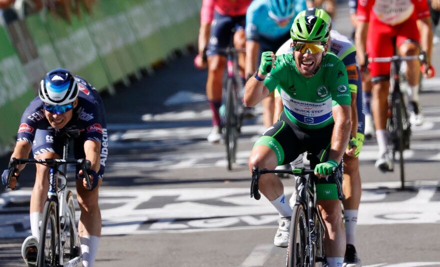 Mark Cavendish, pictured on his fourth win of this year's Tour de France on July 9, matched the record Tour wins of the legend Eddy Merckx.