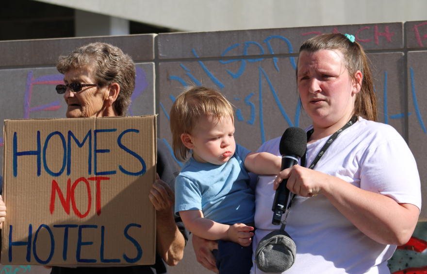 A speaker at a rally remembering those who died in the June 22 fire that destroyed the Knights Inn in Endwell. (June 23, 2026)