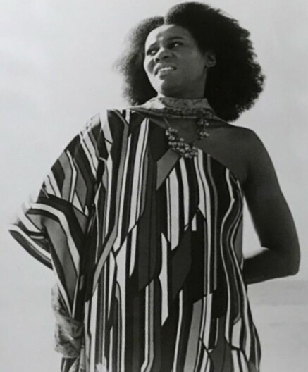 Alice Coltrane in a 1972 publicity photo for promoting her album World Galaxy.