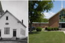 First Waughtown Baptist Church at 838 Moravia Street in Winston-Salem, as it appeared in 1913 (left), and the 1976 sanctuary at the same location that remains in use today.