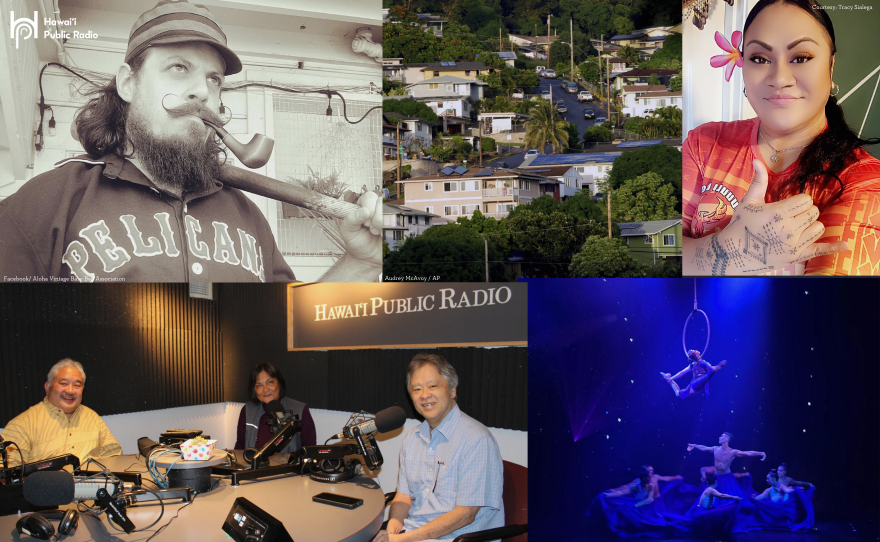 Top row: Waikīkī visual artist, photo of houses in Honolulu, and Hawaiian Airlines customer service agent Tracy Sialega with her tattoo. Bottom row: Public School Superintendent Keith Hayashi, The Conversationʻs host Catherine Cruz and School Board Chairman Roy Takumi, a photo of one of the performances in the new Cirque du Soleil ‘Auana show. 