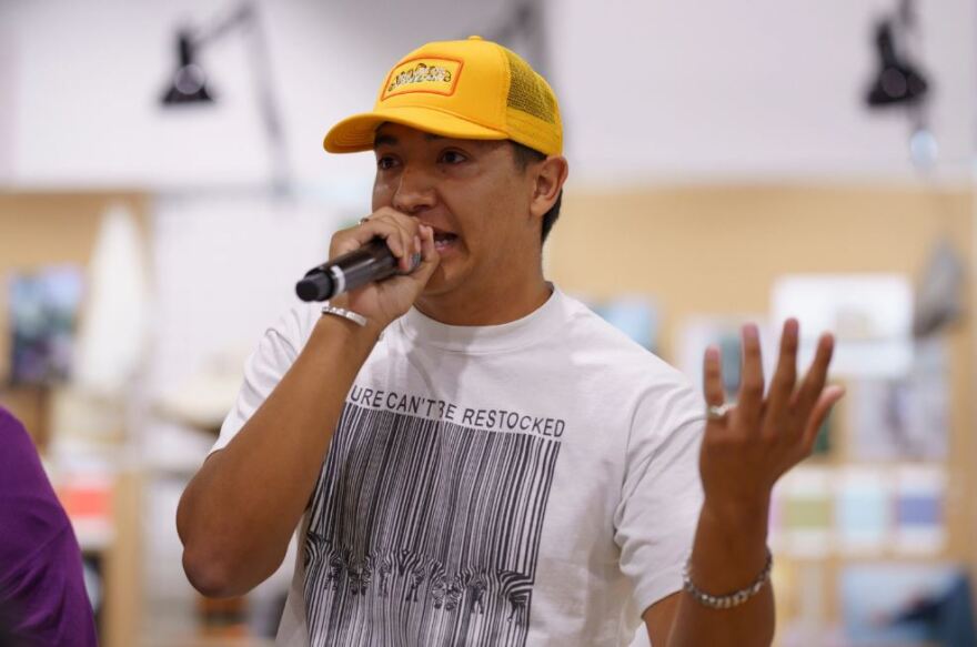 Joey Montoya (Lipan Apache), founder and CEO of Urban Native Era, speaking during Outdoor Retailer Summer Market.