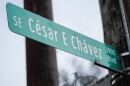 A sign for SE César E Chávez Boulevard is seen on Wednesday, March 18, 2026, in Portland, Ore. (AP Photo/Jenny Kane)