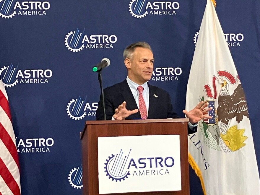 Neal Orringer, CEO of ASTRO America (which has three facilities in the U.S. and one in Guam), speaks at a press conference in Moline, Thursday, Oct. 29, 2026.