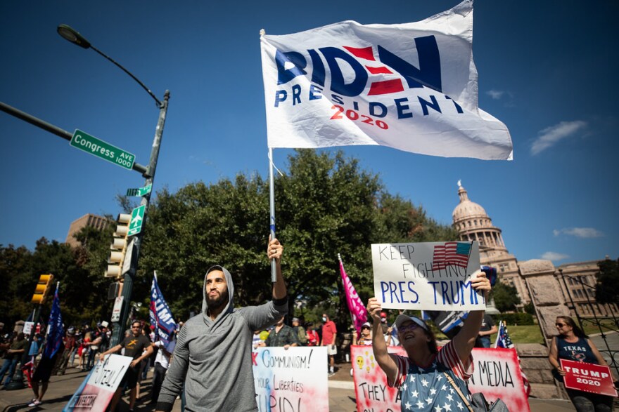 Mohammad Zaid celebrates in front of Trump supporters at the Texas Capitol after Joe Biden was declared the projected winner of the presidential election on Nov. 7.