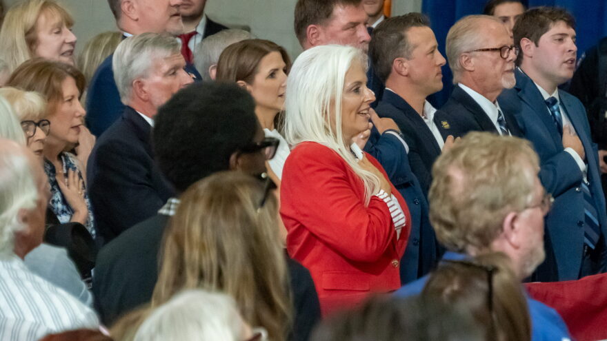 Laina Marshall, wife of Republican U.S. Sen. Roger Marshall, attends a campaign rally for her husband on Sept. 14, 2026, at Webco Manufacturing in Olathe. It was headlined by Vice President JD Vance, who credited Marshall’s public service, faith and friendship.