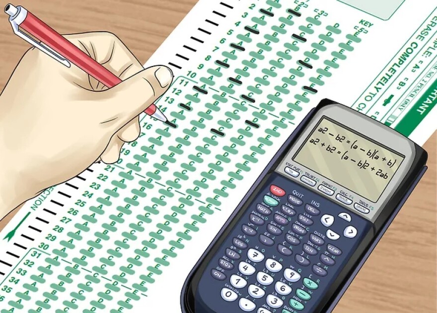 Illustration of a calculator and exam answers sheet.