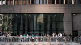 People wait in line to enter immigration courts and services in New York, Monday, July 27, 2026. (Seth Wenig/AP)