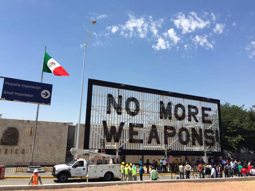 Former Mexican President Felipe Calderon erected this 'No More Weapons' sign in 2012 at the foot of the Bridge of the Americas in Ciudad Juárez.