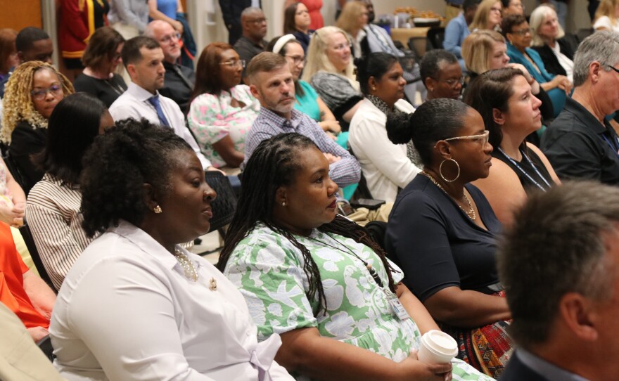 Admin from across Alachua county gather at an early morning back to school event, to hear from speakers like the county superintendent, teacher of the year and the PTA president. The event also outlined the year’s initiatives for the county’s public schools. (Isis Snow/WUFT News)